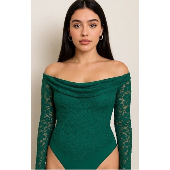 AFRM Revolve NWT Deep/Dark Teal Lace Off-Shoulder Bodysuit - Picture 1 of 8